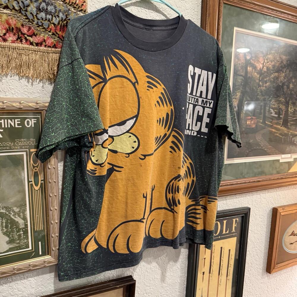 Vintage 90s RARE Garfield Jim Davis Movie Promo Cartoon Big Face AOP Shirt Large - Picture 2 of 6